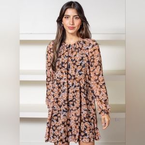 Sanctuary Shirred Neck Floral Black And Orange Babydoll Dress Size M